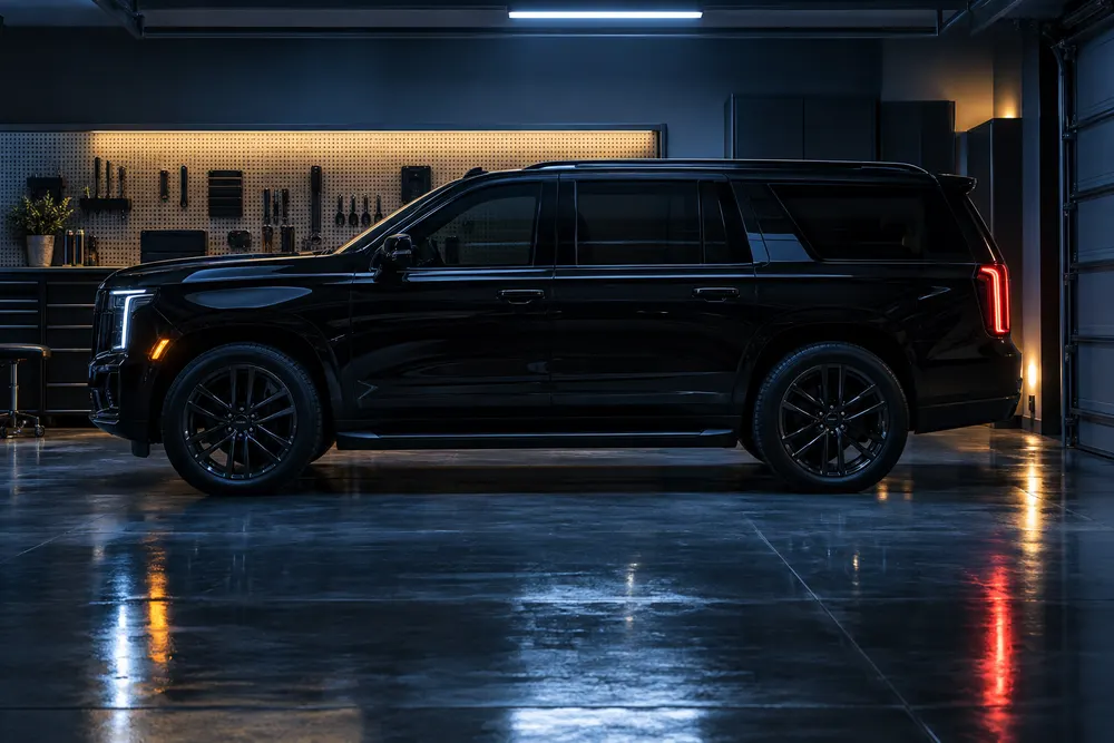 Black full-size SUV in side profile inside a dimly lit private garage bay