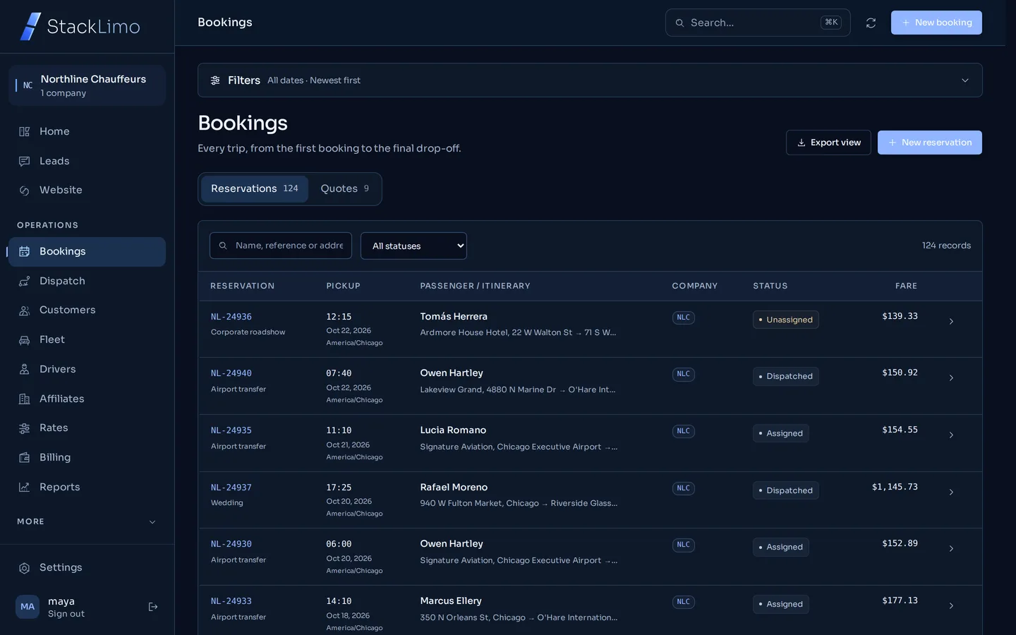 StackLimo bookings table with reservation references, pickup times, passengers, routes, dispatch status and fares