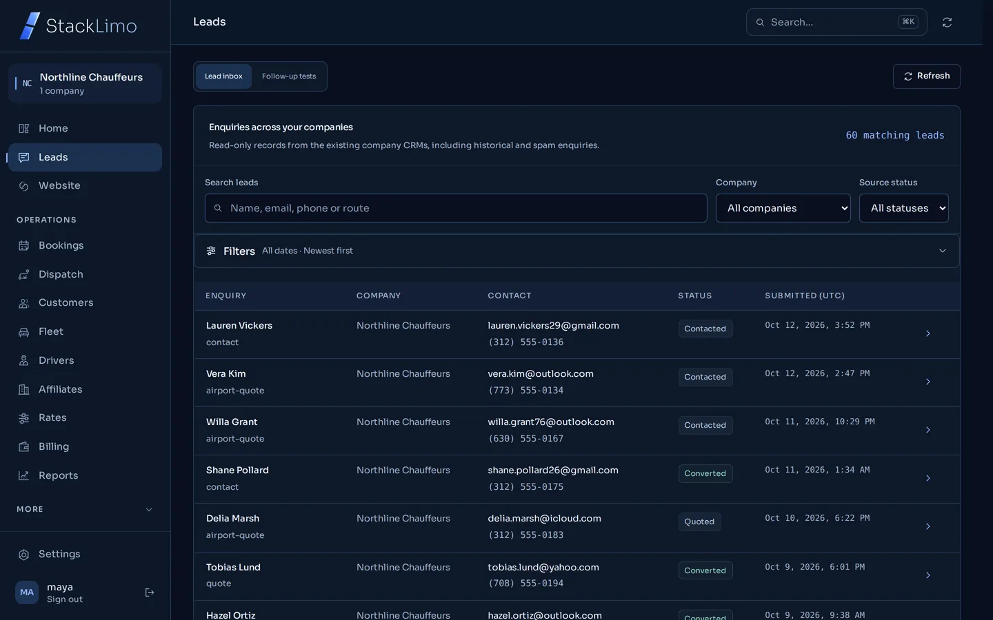 StackLimo lead inbox listing website enquiries with name, form, contact details, status and submission time